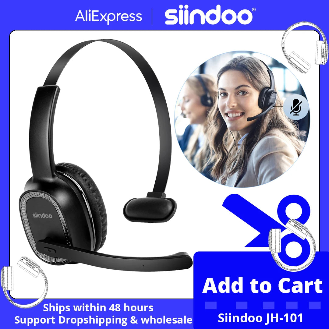 Wireless Call Center Headset  Noise Canceling Headphones